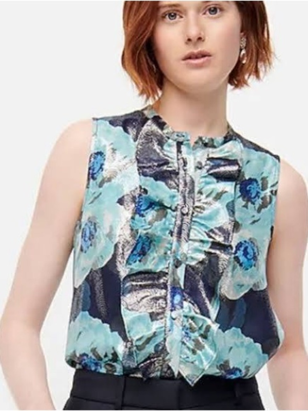 J. Crew Metallic Floral Jacquard Ruffle Front Sleeveless Top Silk Blend NWT Sm.